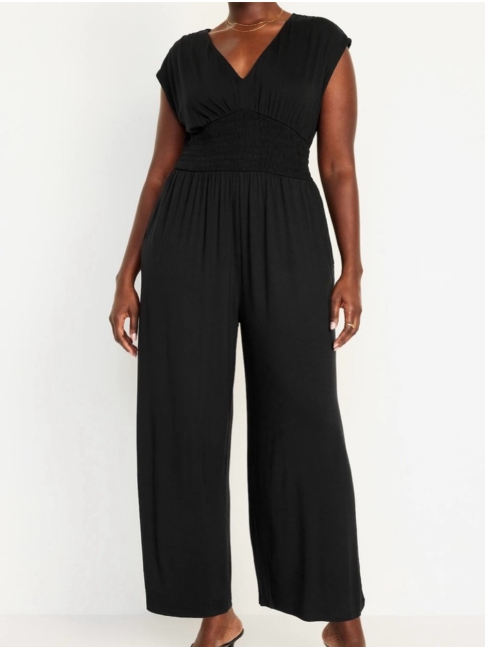Old Navy Waist-Defined Wide-Leg Shirred Black Sleeveless Jumpsuit